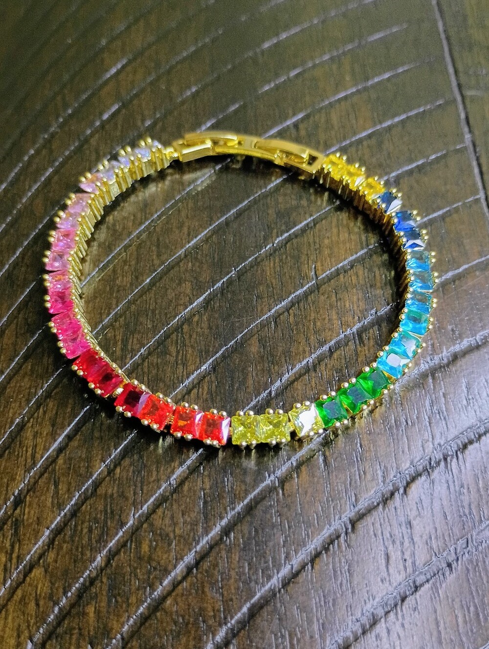 New Gold Tone Rainbow Tennis Bracelet - Multicolor CZ Stones - Picture 1 of 5